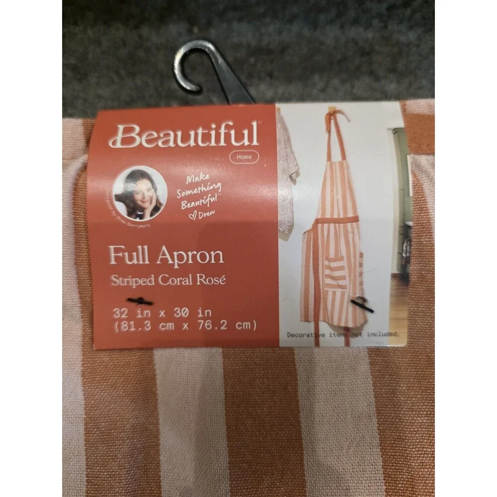 Beautiful by Drew Barrymore Striped Full Body Apron Orange Pink Cotton
